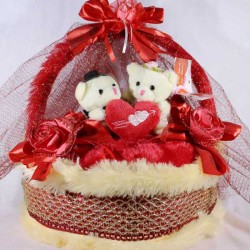 Special Red Decorated Heart Plush Cake Cushion with Love Couple Teddy Bears